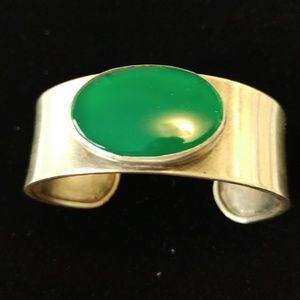 Mid-century Modern Wide Sterling Green Agate Cuff Bracelet Chunky Bold Studio